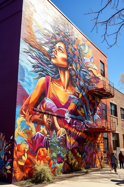 a mural of a woman with long hair is painted on a building