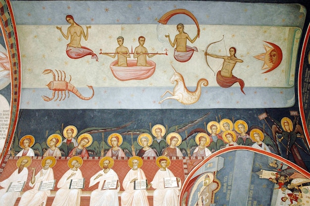 Murals and frescos in the interior of Tismana monastery Romania