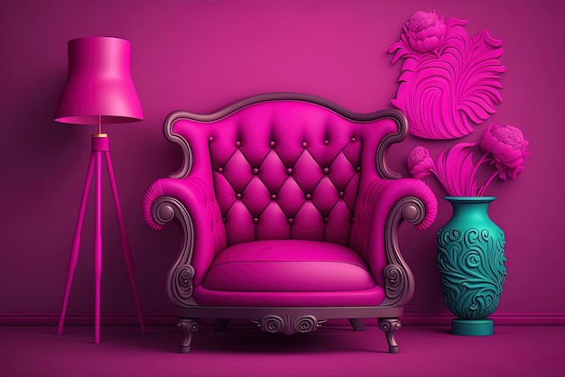 Foto muren geschilderd een levendige magenta ingericht met een bank en accent stoelen