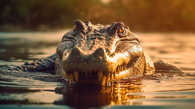 In a murky waters a crocodile lurks its eyes fixated on its prey Generative AI