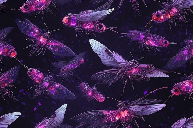 Photo a murmuration of violet red and purple fireflies in a distant biomechanical steampunk generative ai