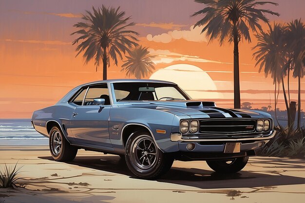 Muscle car and sunset beach near by syd mead