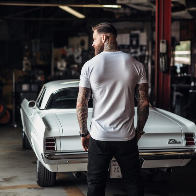 A muscle man standing behind a muscle car man wearing blank white tshirt