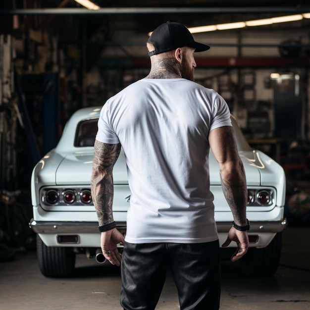 A muscle man standing behind a muscle car man wearing blank white tshirt