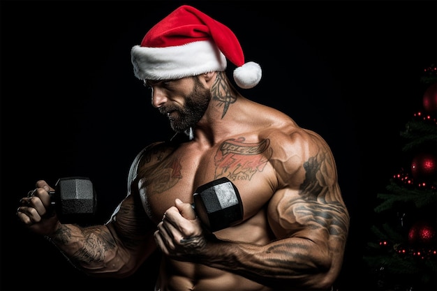 사진 근육 남자는 산타 모자를 입는다