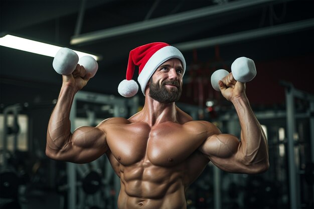 Photo muscle man wear santa hat