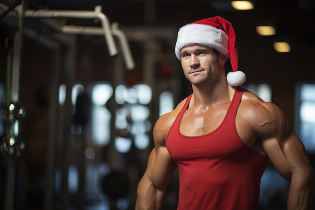 Photo muscle man wear santa hat