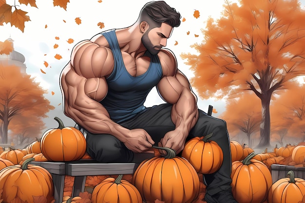 Muscle man with pumpkins in the forest Happy halloween Handsome man AI generative art
