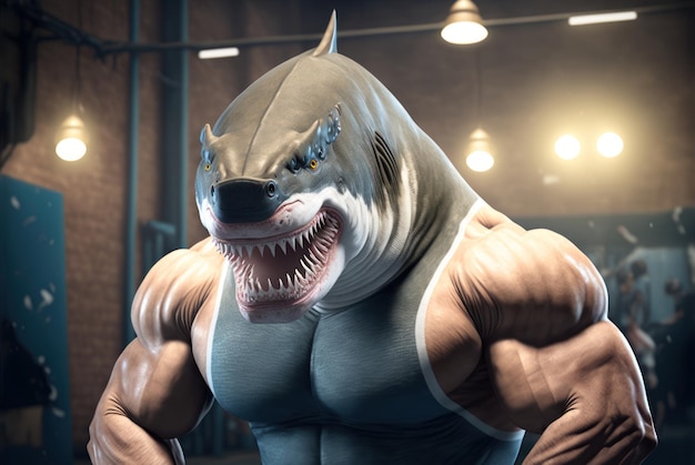 A muscle man with a shark head