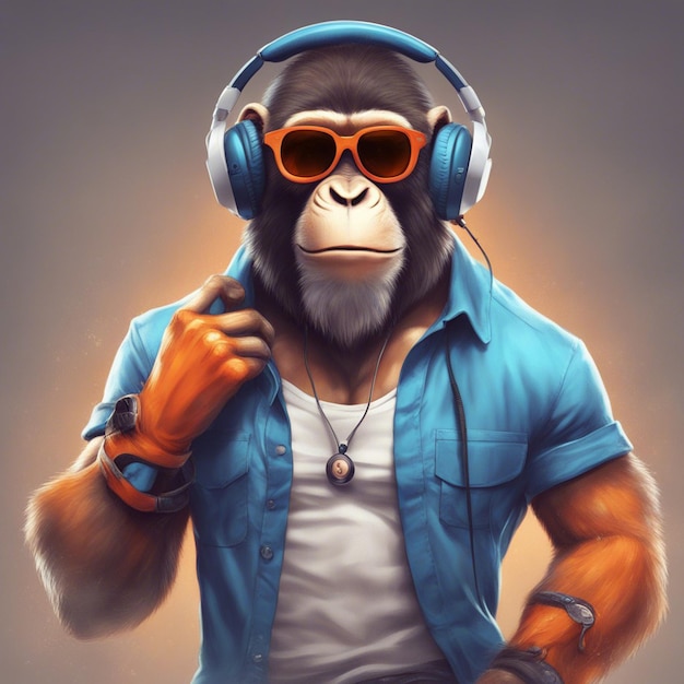 A muscle monkey wearing headphone with orange tshirt design