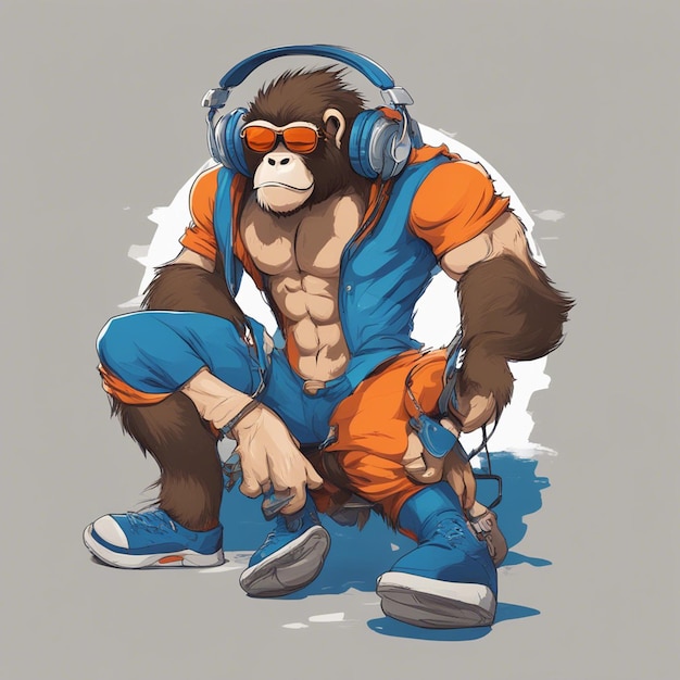 A muscle monkey wearing headphone with orange tshirt design