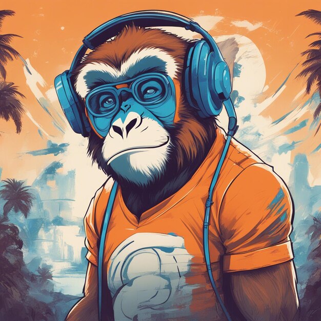A muscle monkey wearing headphone with orange tshirt design