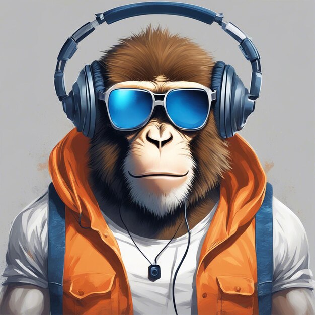 A muscle monkey wearing headphone with orange tshirt design