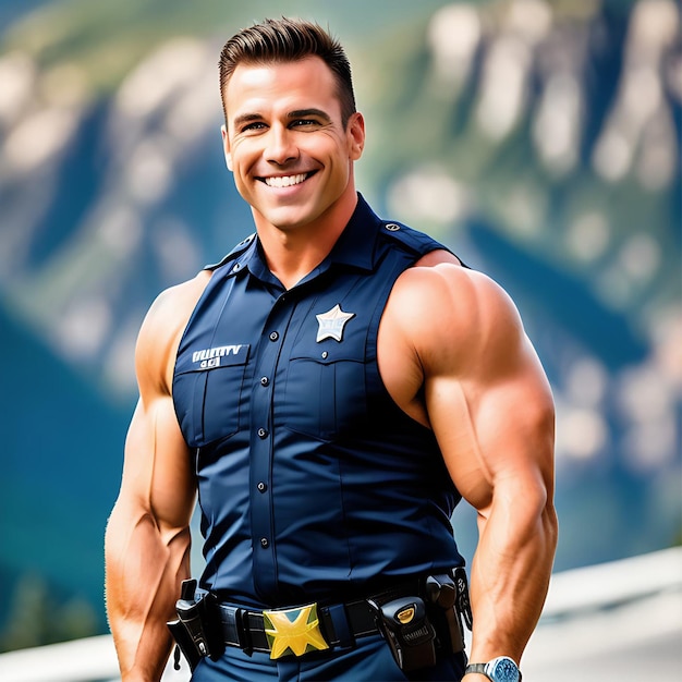 Muscle Police Officer with Sleeveless Uniform and Mountainous Background Realistic Illustration