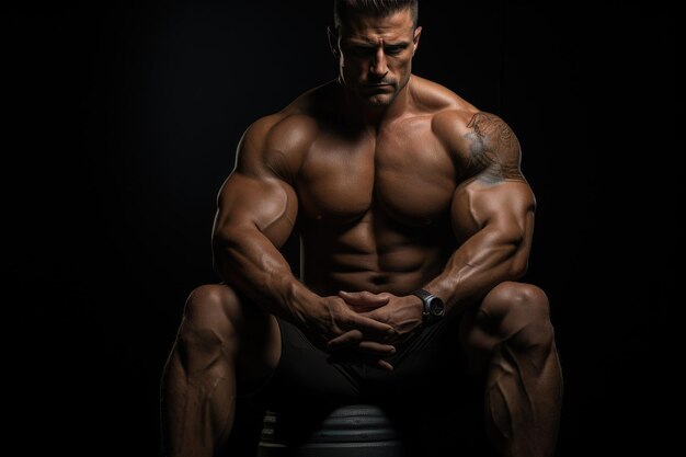 Muscle Showcase Bodybuilder Posing in Studio Standing on KneeWith Generative AI