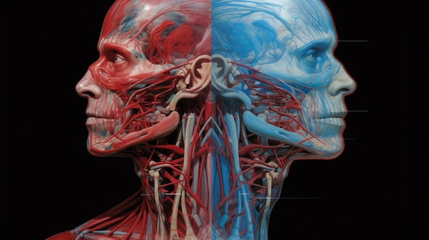 The muscles of the head are visible and the other is the same color as the red and blue.