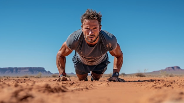 Musculaire atletische jonge man opwarmen voor de marathon lopen doen push-ups op de woestijn achtergrond