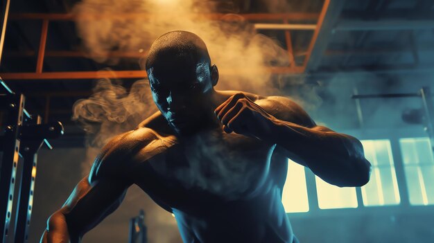 근육이 튼튼 한 아프리카계 미국인 남자 가 희미 한 조명 을 가진 체육관 에서 운동 하고 있다. 그 는  을 흘리고 있으며, 결단력 있는 표정 을 하고 있다