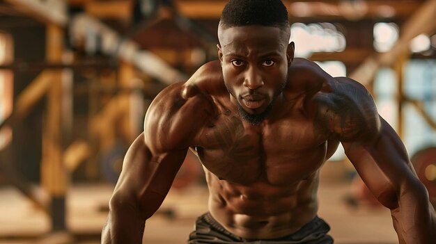 A muscular AfricanAmerican man with tattoos on his chest and arms is doing pushups in a gym