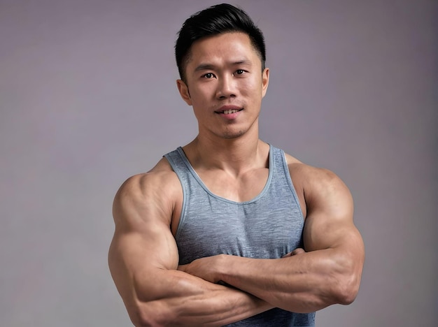 Muscular Asian Guy with Tank Top Crossing Arms Looking at Camera Portrait Isolated on Grey