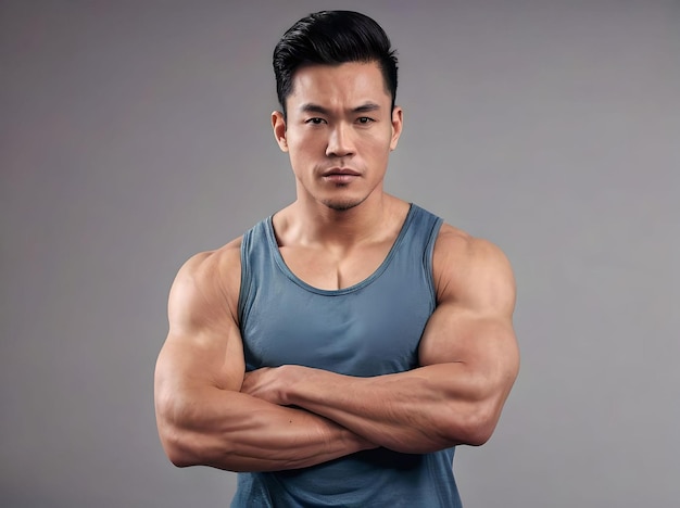 Photo muscular asian man with tank top crossing arms looking at camera portrait isolated on grey