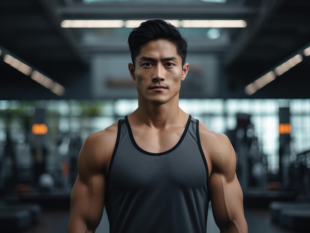 Muscular asian young man in gym showing muscles fitness model trains in the gym