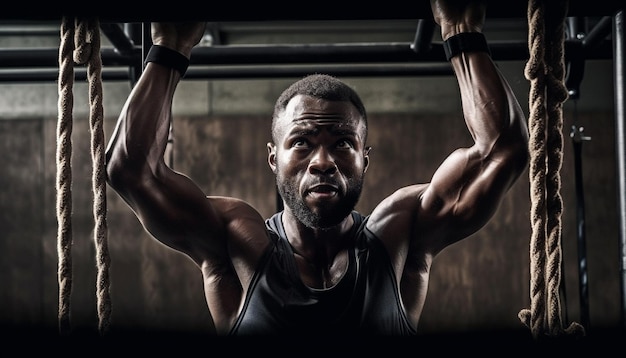 Muscular athlete exercising strength in health club generated by AI