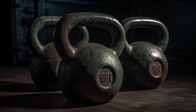 Photo muscular athlete lifting rusty iron weights indoors generated by ai