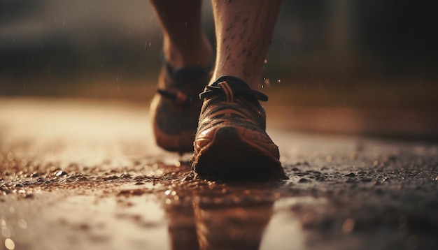 Мускулистый спортсмен бежит по мокрой тропинке под дождем, сгенерированной ИИ