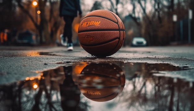 Muscular basketball player dribbling ball at dusk generated by AI