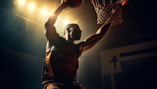 Muscular basketball player throwing ball with determination generated by AI