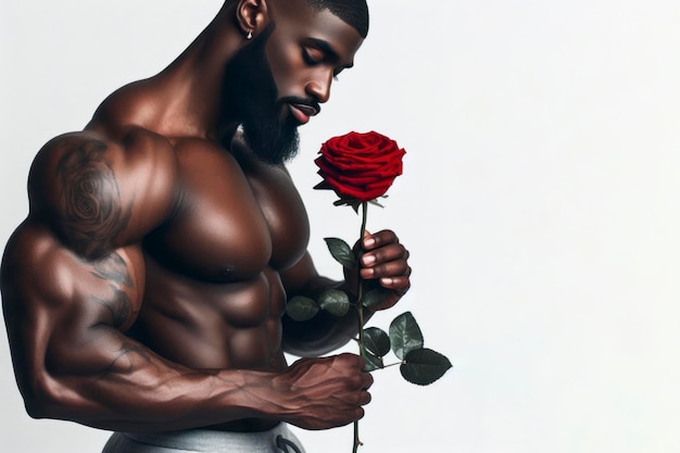 мускулистый бородатый чернокожий мужчина романтическая эмоциональность держит в руке розу на белом фоне