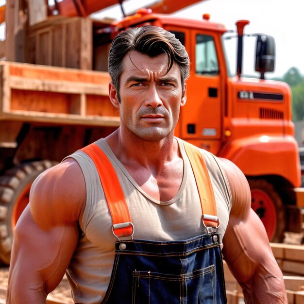 Photo muscular beefy construction worker at worksite