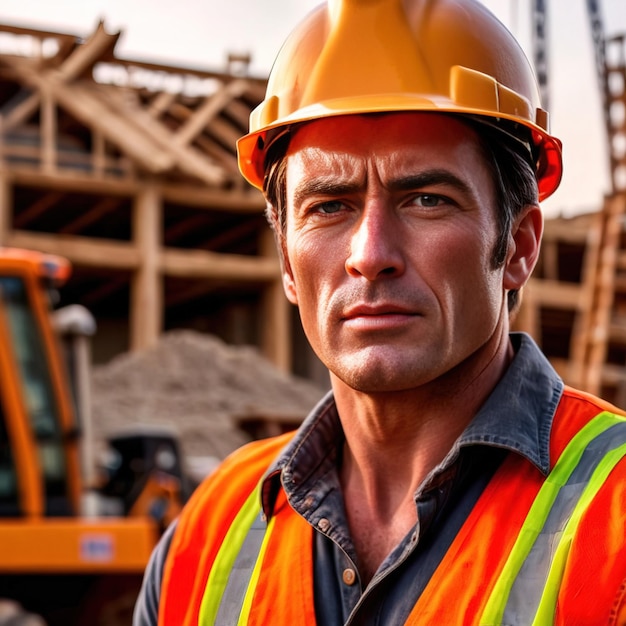 Photo muscular beefy construction worker at worksite