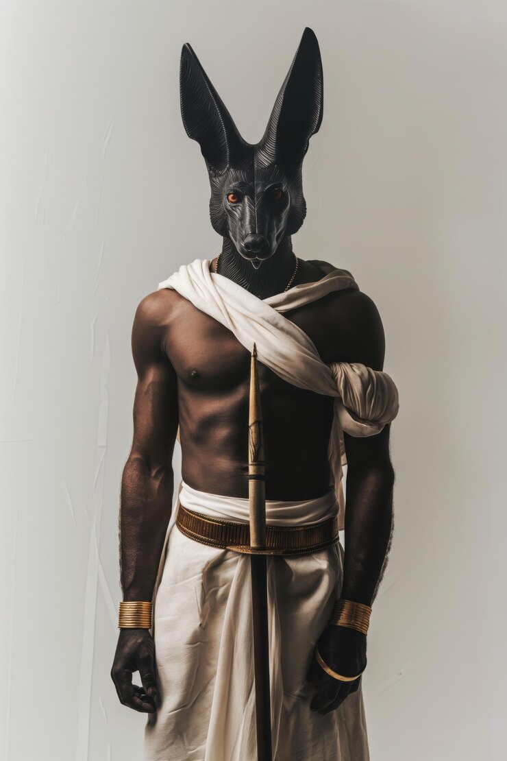 Photo muscular black man wearing an anubis costume holding a spear embodies ancient egyptian mythology