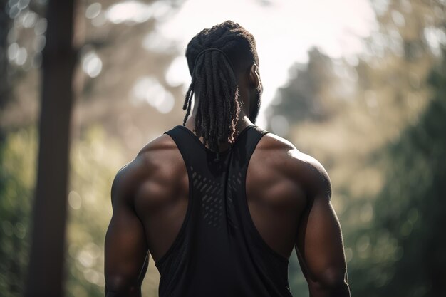 Muscular black sportsman in tank top in nature Rear view of athlete outdoors waist up Sport active healthy lifestyle Generative AI