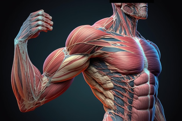 Muscular body anatomy with muscle fibers of arm created with generative ai