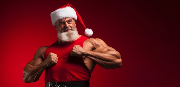 Foto un concetto di fitness di capodanno di babbo natale muscoloso body builder