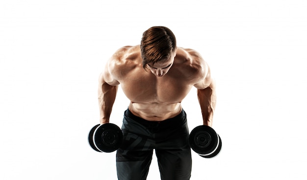 Tirante muscolare del bodybuilder che fa le esercitazioni con i dumbbells sopra priorità bassa bianca