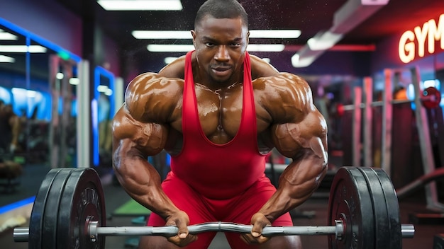 Muscular bodybuilder guy doing exercises with weight in gym