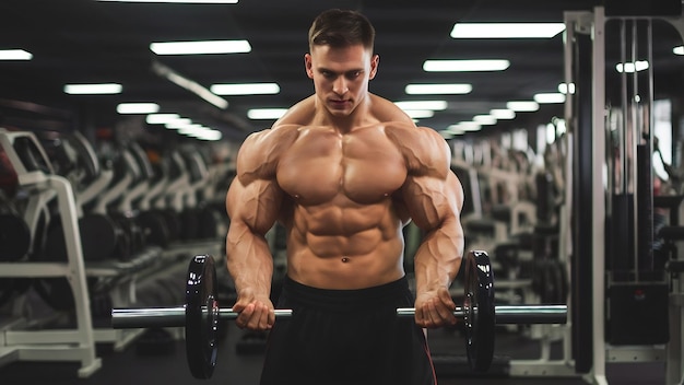 Muscular bodybuilder guy doing exercises with weight in gym