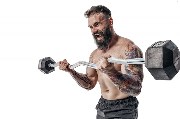 Muscular bodybuilder holding dumbbell on white background