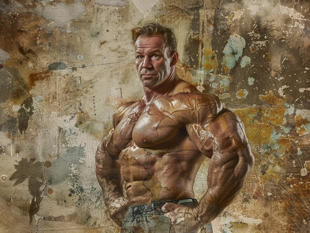 Muscular bodybuilder wearing tank top showing off the muscles in one arm waist high sot photo