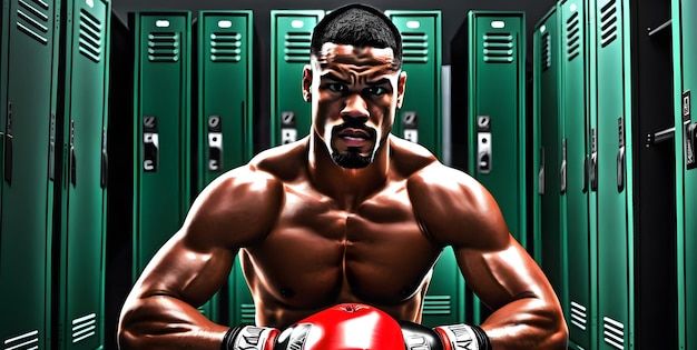 Muscular boxer sitting preparing for a fight