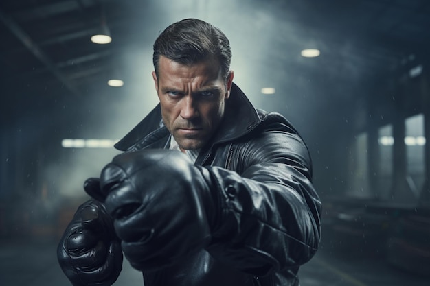 Photo muscular businessman punching with a protective leather glove