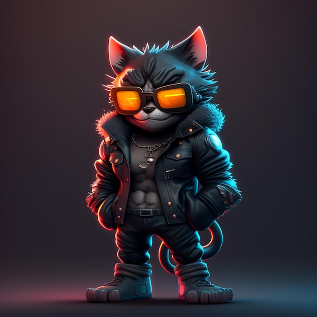 muscular cat with jacket and sunglasses, AI generated