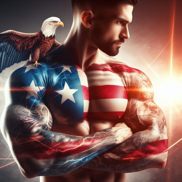 Photo muscular caucasian tattoed man embody patriotc american theme celebrate 4th july independence day