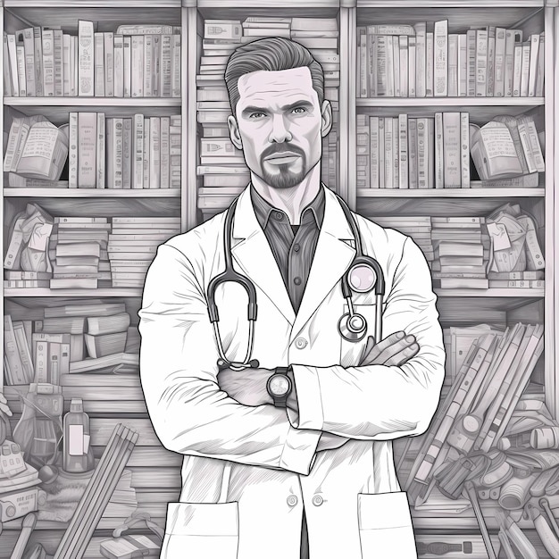 Photo the muscular and confident middleaged male doctor coloring page