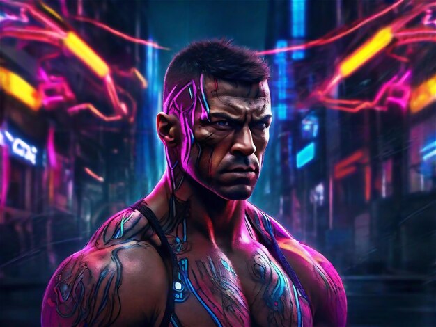 Muscular Cyborg Man Man walking in a dystopic cyberpunk city