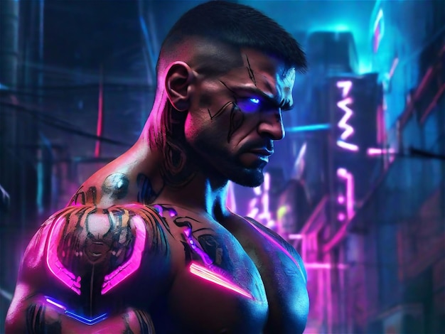 Muscular Cyborg Man Man walking in a dystopic cyberpunk city